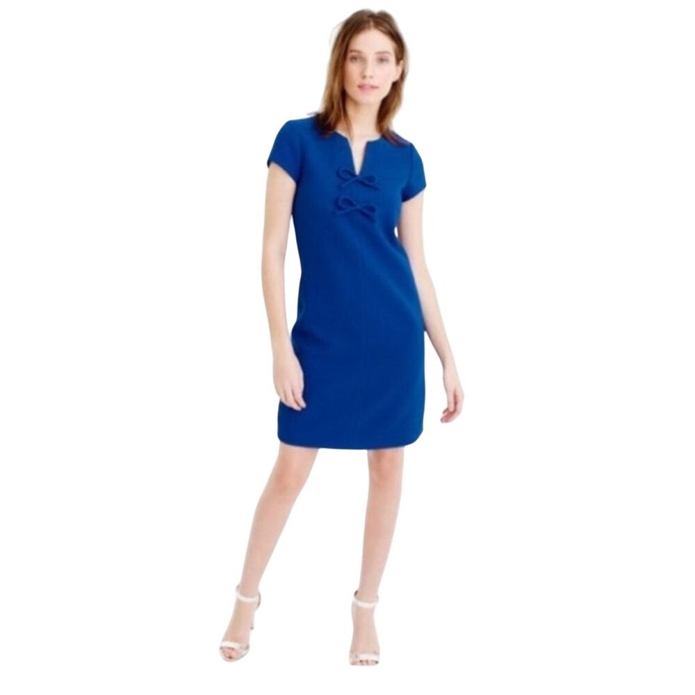 J CREW Women Presentation Mini Dress Royal Cobalt Blue Bow Crepe Cap Sleeve 4